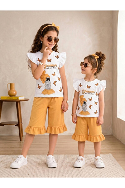 Generic Brand Girl's Butterfly Printed Ruffle Capri Set Cotton Summer Wear