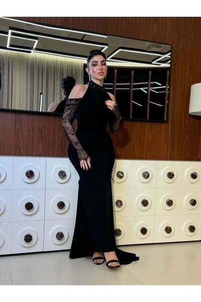 Bamah Royal Black Evening Gown Hand Embellished with Luxurious Embroidery
