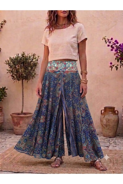 AYASOFYA OTANTIK Women's Indian Elastic Waist Ethnic Patterned Silk Trousers ...