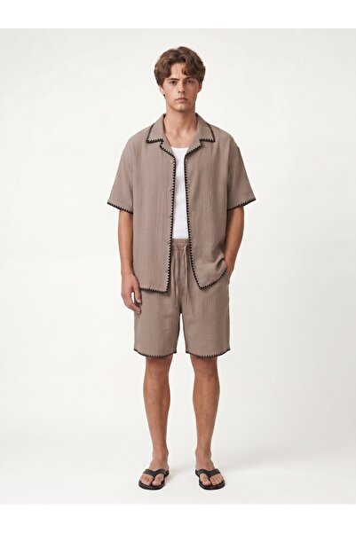 VAMOSCLO Stitched Detailed Shirt Shorts Set