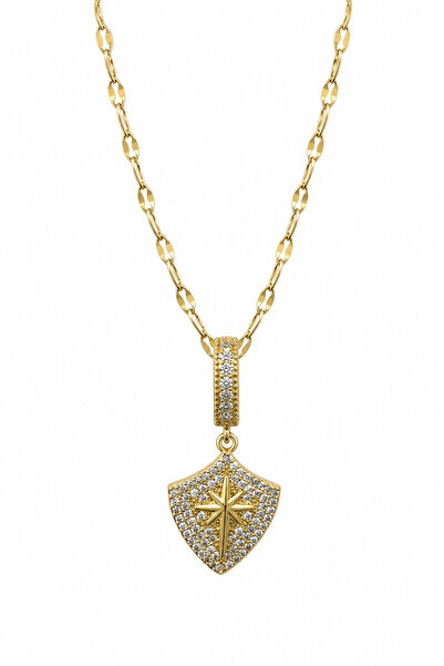 Jack Ferrero Zircon Stone Star Detailed Shield Model Yellow Color Steel Necklace