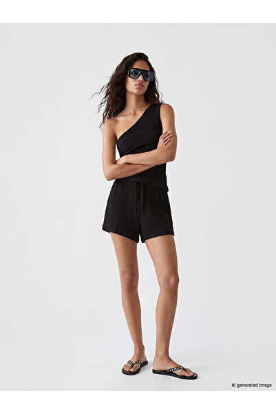 LC Waikiki Black Textured Women's Shorts with Elastic Waist