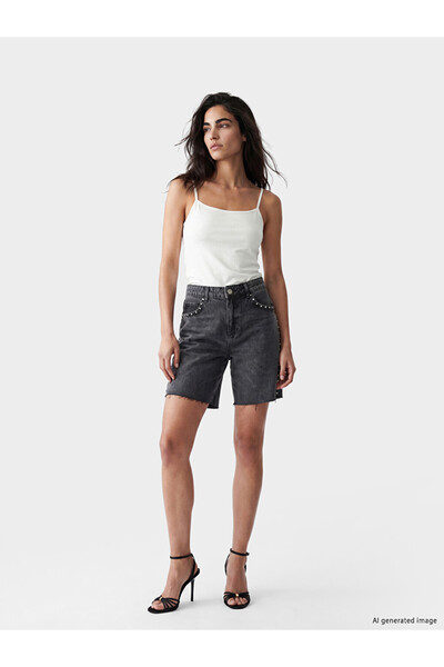 LC Waikiki Black High Waist Staple Detailed Women's Jean Shorts