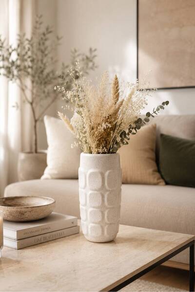 Generic Luxurious Ceramic Vase with Geometric Embossed Patterns 20X10Cm for C...