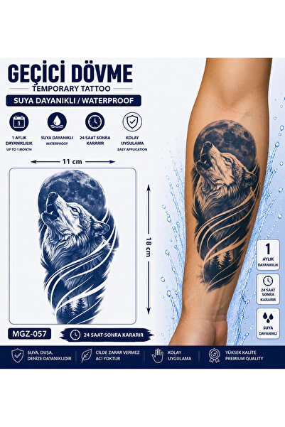 medink tattoo 1 Ay Kalıcı Sonradan Kararan 11X 18 cm Kurt ve Dolunay model ge...