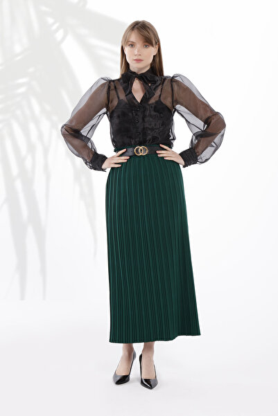 FIRST STYLE Turkish Organza Black Blouse with Long Sleeves and Tie-Neck Detai...