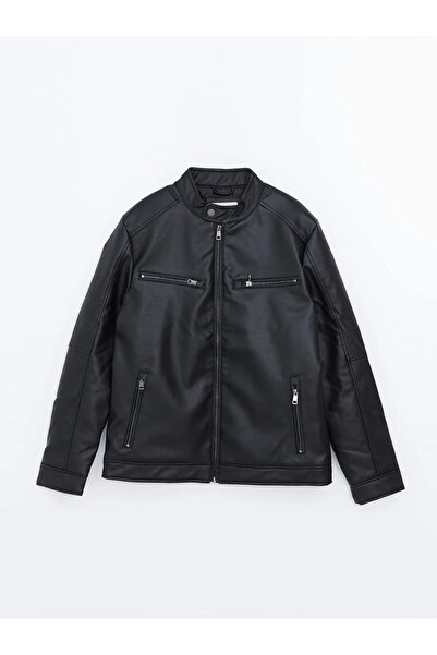 LC Waikiki Siyah Slim Fit Biker Yaka Erkek Deri Görünümlü Ceket