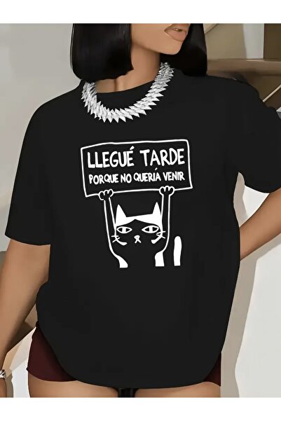 BASEPULSE Short-Sleeved Black T-Shirt Women Featuring Humorous Cat Design, Pe...