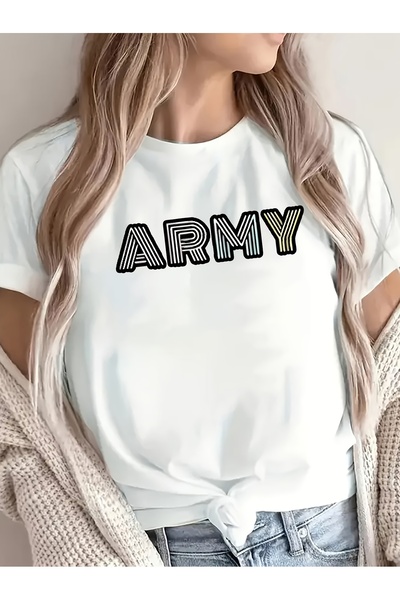 1001 Line تي شيرت نسائي قطني بأكمام قصيرة بتصميم نصي عسكري، خفيف الوزن ومتين،...
