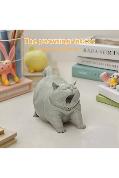 Choice Light Grey Funny Yawning Fat Cat Figurine, Grey Cartoon Cat Statue, Cu...