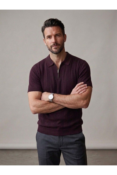 Erkek Triko T-Shirt Fermuarlı Polo Yaka Slim Fit Kısa Kollu