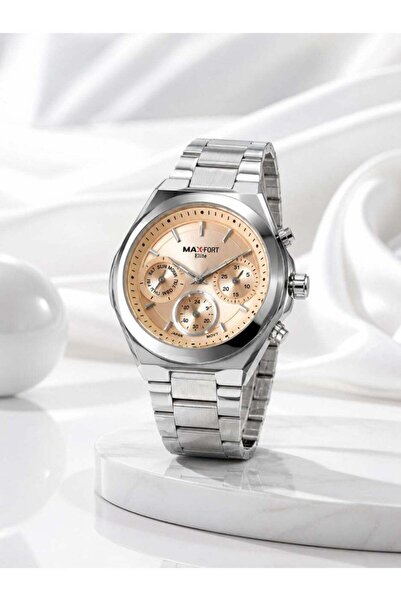 Maxfort Elite Quartz Analog Watch with Silver Stainless Steel Bracelet and Champagne Dial