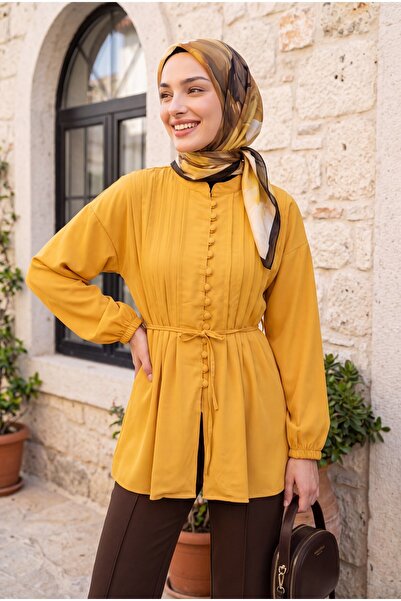Modamorfo Belted Elastic Sleeves Buttoned Front Folded Detailed Poplin Shirt ...