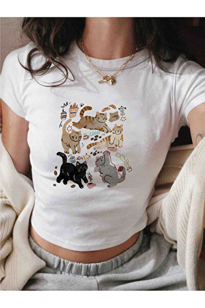 NOURAM Cat Coffee Theme Art Print Women's Inspiration T-shirt Short Round-nec...