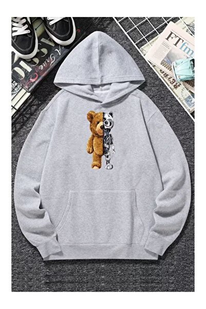 ZİYMO Unisex Hooded Sweatshirt with Bear Print and Relaxed Fit