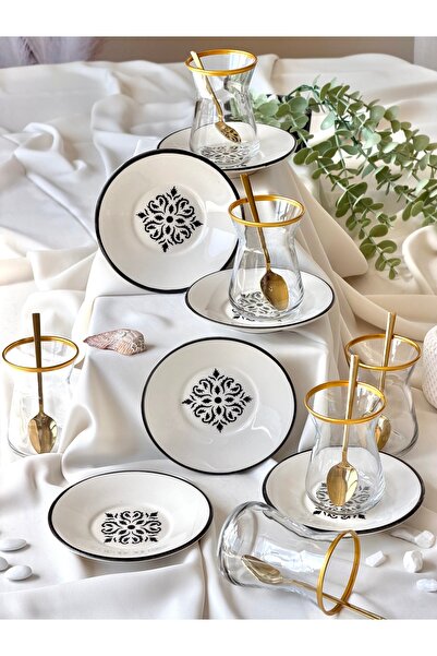 Yiğit Seramik Züccaciye Black Iskandar Model Gold Gilded 6-Person 12-Piece Lu...