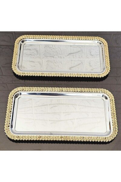 atabey home 2 Adet Baton Hasır Gold-Gümüş Sunum Tepsisi & Kahve & Pasta/Börek...