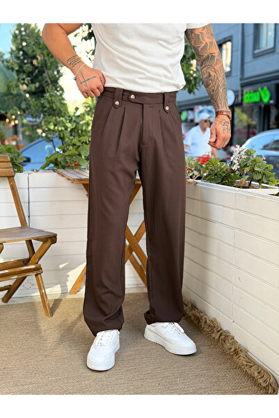 manch collection Striped Baggy Fabric Trousers Brown