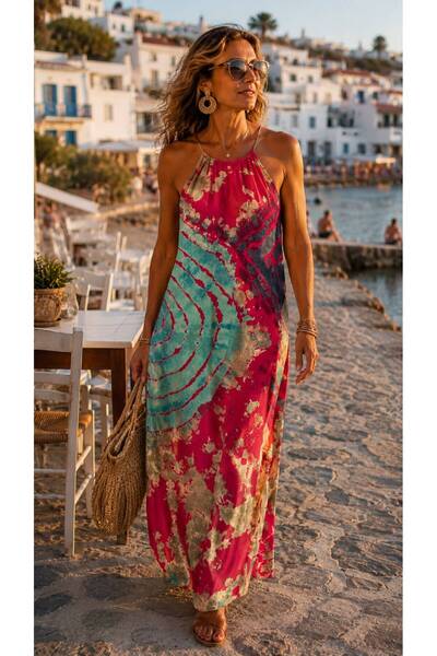 Lamianna Askılı Uzun Premium Batik Elbise Pembe