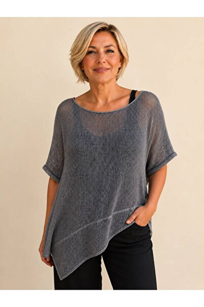 AGORATEKSTİL Women's Asymmetrical Cotton Fabric Mesh Blouse 42-50