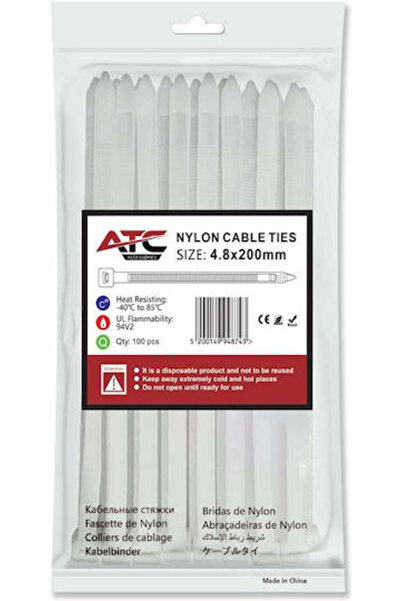 ATC Δεματικά καλωδίων πλαστικά 200mm x 4.8mm σε λευκό χρώμα (100 τεμάχια) (20...