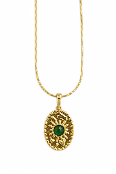 Jack Ferrero Steel Sun Pattern Green Stone Necklace - Stylish and Durable Jew...