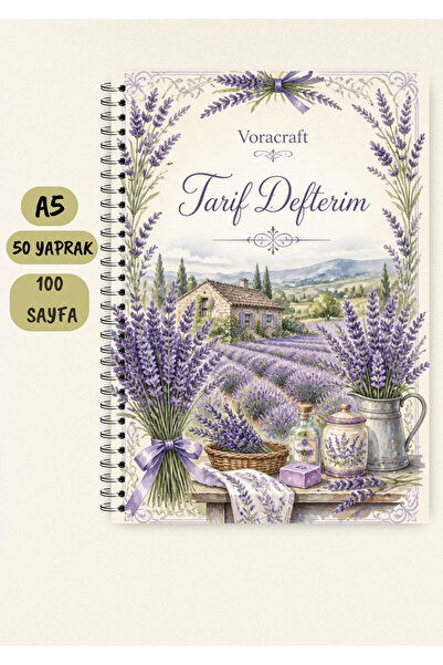 VORACRAFT Lavanta Bahçesi Temalı Tarif Defteri, 50 Yaprak /100 Sayfa, A5 / Te...