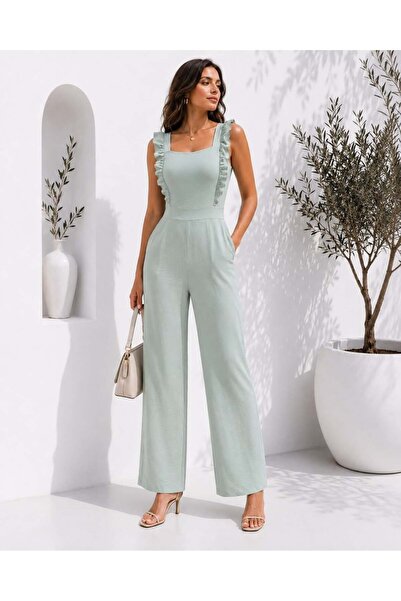 Modafeminen Ayrobin Kumaş Tulum 582156 Su yeşil