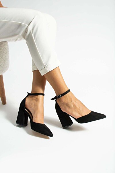 golden heel 8.5 cm black suede thick heel ankle strap stiletto heels