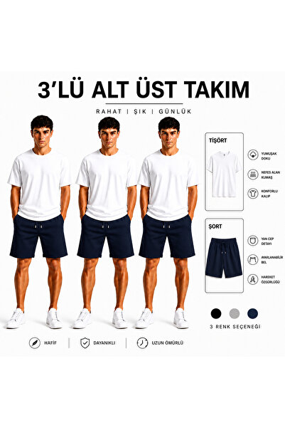JULİA MODA طقم شورت وتي شيرت رجالي مكون من 3 قطع، قماش خفيف الوزن يسمح بالتهو...