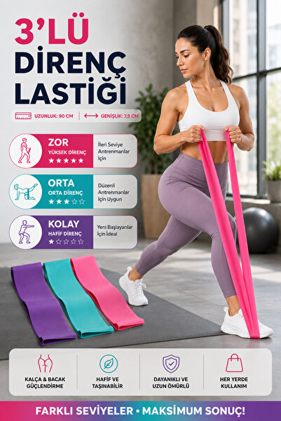 Tayzon 3'lü Direnç Lastiği Seti Pilates Fitness Egzersiz Bandı 90x7,5 cm Ucu Açık Lastik