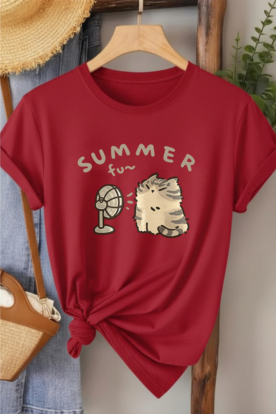 l'eivor تي شيرت نسائي قطني مطبوع عليه Summer Fan Cat