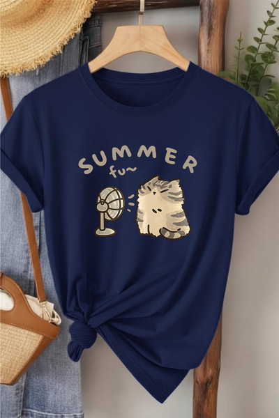 l'eivor Summer Fan Cat Printed Women's Cotton T-Shirt