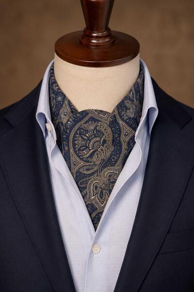 Kravatkolik Beige Navy Blue Shawl Pattern Italian Silk Ascot Tie Sac120