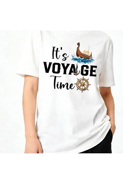 12 Teknoloji تي شيرت نسائي أبيض بطباعة سفينة الفايكنج من It's Voyage Time، مص...