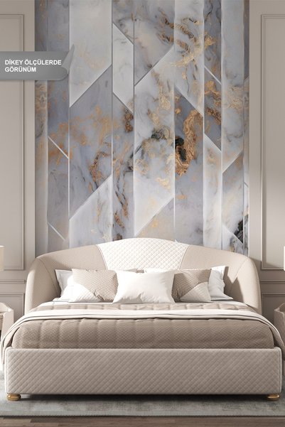 dreamwall Modern Geometrik Koyu Mermer ve Altın DerzliDesenli Tek Parça Tekst...