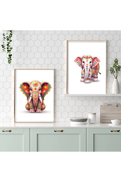 Özel Tasarım Boho Fil İkili Poster, Ev dekoru – İkili - A4 Kuşe Baskı