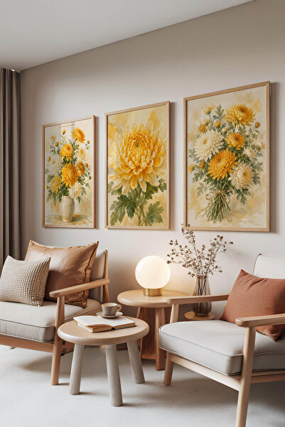 Zestia Set de 3 tablouri cu rame din lemn, buchet de crizanteme galbene, set ...