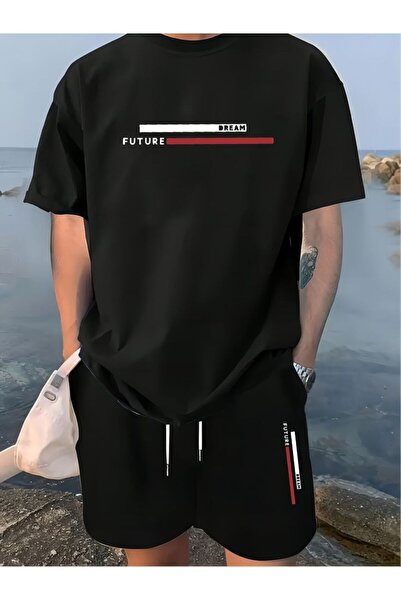 ONLY QUALİTY Unisex Black Printed Tshirt Black Summer Tracksuit Set