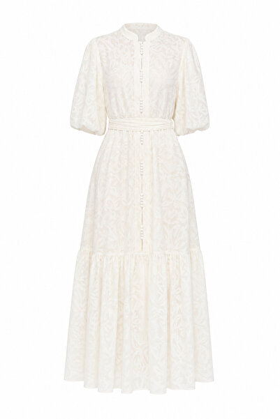 HAZELANNA Button Detailed Belted Cream Maxi Dress