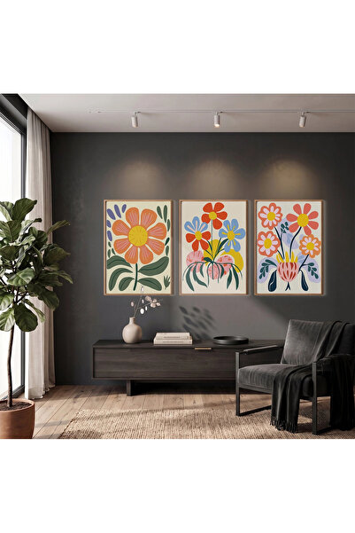 KOLAJTASARIM Cheerful Abstract Flowers 3-Piece Wooden Framed Painting Set Boh...