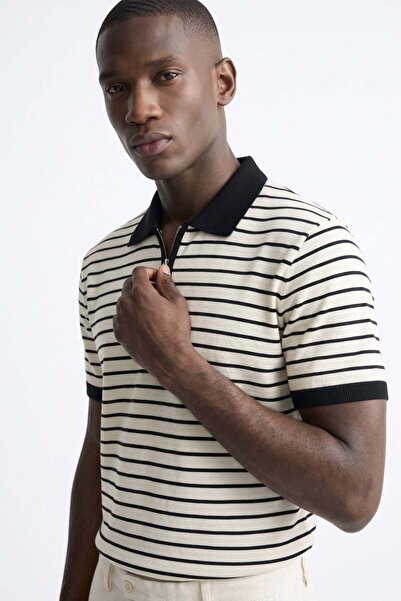 BARRELS AND OIL Men's Striped Polo Collar Half-Zip T-Shirt - Black