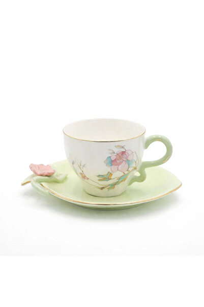 Angela BRD-434 Milk Cup with Saucer Set – 12 Pieces – Mint Green Floral Desig...