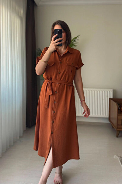 Kubos Moda Short Sleeve Shirt Collar Pocket Belted Orange Dress