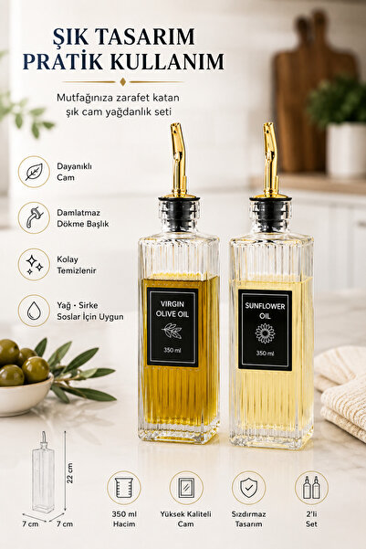 MAKRİ HOME 2'li Thery Çizgili Cam Yağdanlık Seti 2x350 ml, Gold Tıpalı Akıtma...
