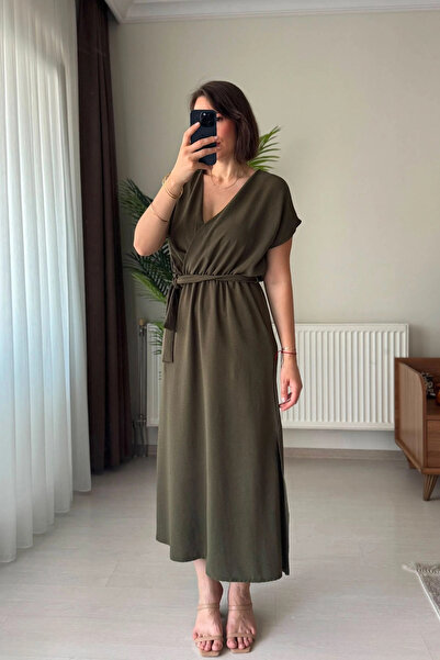 Kubos Moda Double-Breasted Collar Belted Pocketed Khaki Dress
