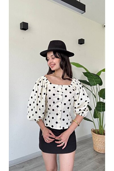 modadagiyim Women's Polka Dot Balloon Sleeve Boat Neck Buttoned Very Stylish ...