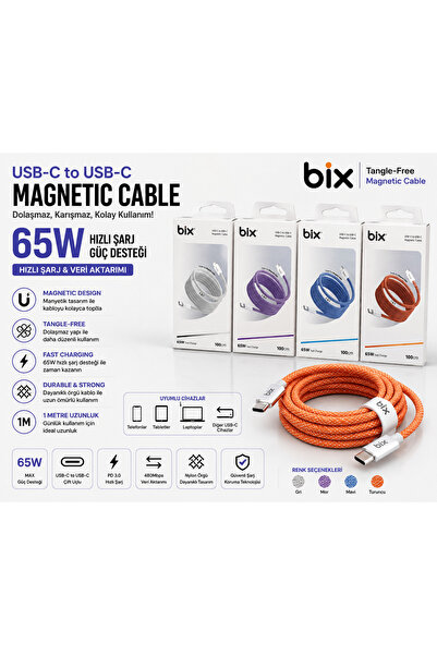 65W USB-C to USB-C Manyetik Şarj Kablosu 1m PD Hızlı Şarj Örgülü Type-C Kablo