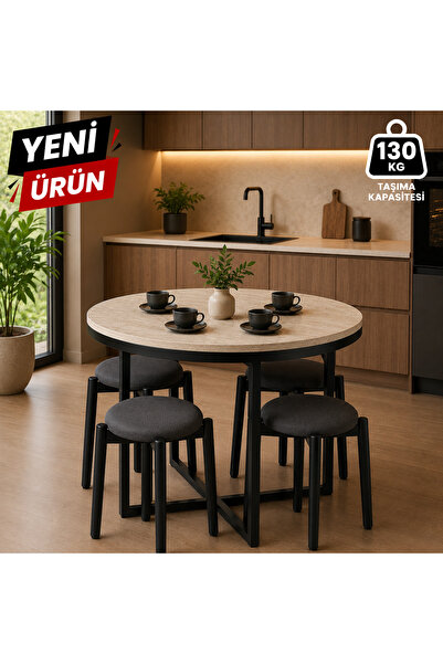 EDMONDA EV AKSESUAR ATLAS YUVARLAK 90 CM PUFLU 4 KİŞİLİK MASA TAKIMI BALKON M...
