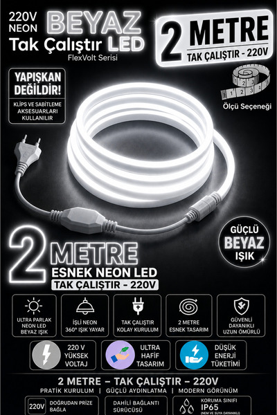 ECONA 2 Metre BEYAZ 220V Neon LED Şerit ,Tak Çalıştır Set, Fişli Esnek Şerit ...